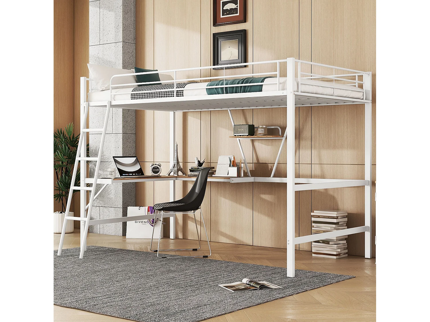 Łóżko antresolowe 90x200 cm, Łóżko młodzieżowe z biurkiem w kształcie litery L i półką, białe, bez materaca 4252298 - obrazek 1