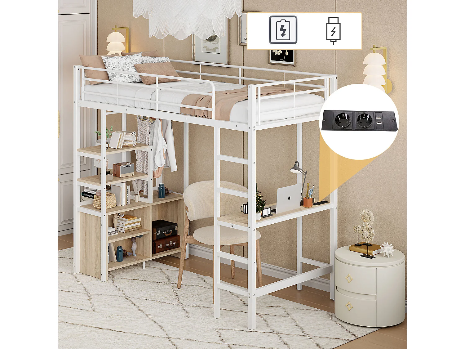 Łóżko antresolowe 90 x 200 cm - Łóżko dla dorosłych z portami USB - białe - z biurkiem - bez materaca 4252307 - obrazek 1