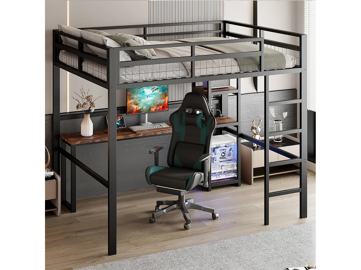 Łóżko antresola 140x200 cm - łóżko młodzieżowe z półką i drabinką - port ładowania USB - czarne - bez materaca 4252317 - obrazek 1