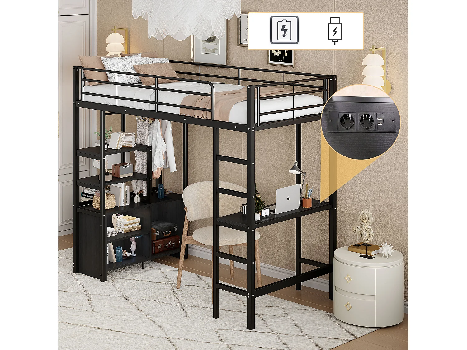 Łóżko antresolowe 90 x 200 cm - Łóżko dla dorosłych z portami USB - czarne - z biurkiem - bez materaca 4252323 - obrazek 1