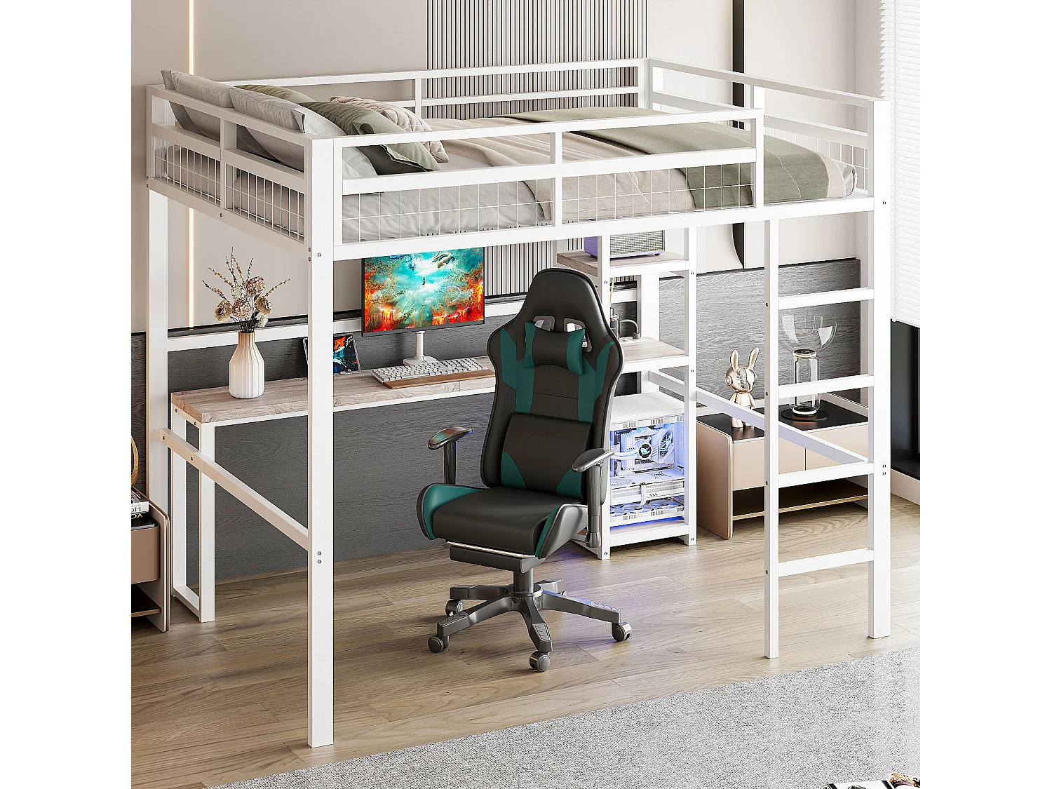 Łóżko antresola 140x200 cm - łóżko młodzieżowe z półką i drabinką - port ładowania USB - białe - bez materaca 4252328 - obrazek 1