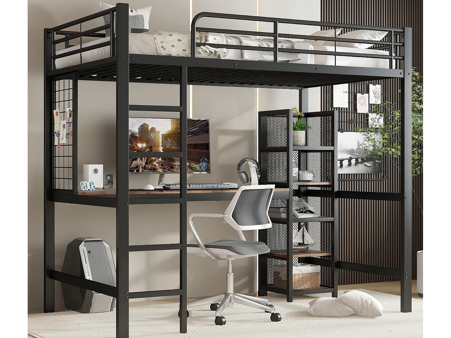 Łóżko antresolowe 90×200 cm - z biurkiem i półką - z 5-stopniową drabinką bezpieczeństwa - Metal + MDF - Czarny + Naturalny 4252618 - obrazek 1