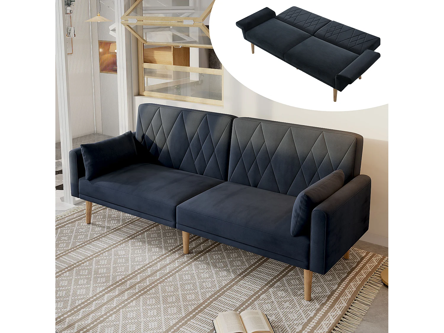 Ciemnoszara sofa 2-osobowa – sofa z drewnianymi nogami i podłokietnikami – odpowiednia do salonu i sypialni 4253862
