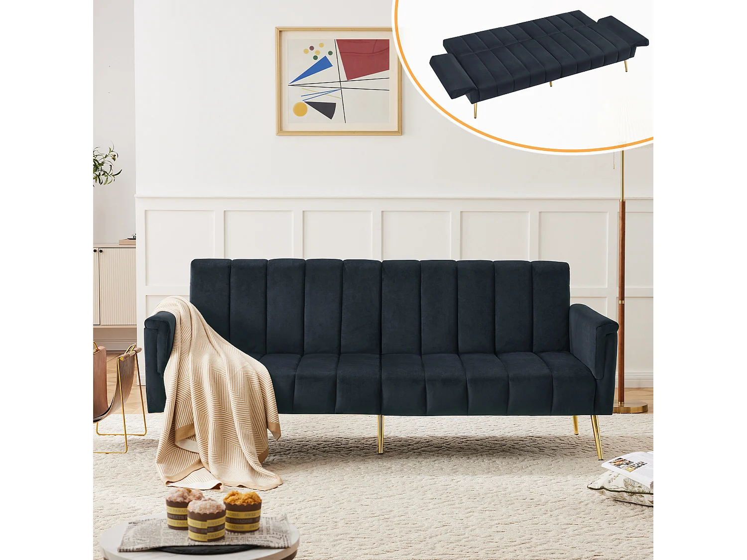 Ciemnoczarna sofa 2-osobowa – sofa z metalowymi nogami i podłokietnikami – do salonu i sypialni Sypialnia 4253863