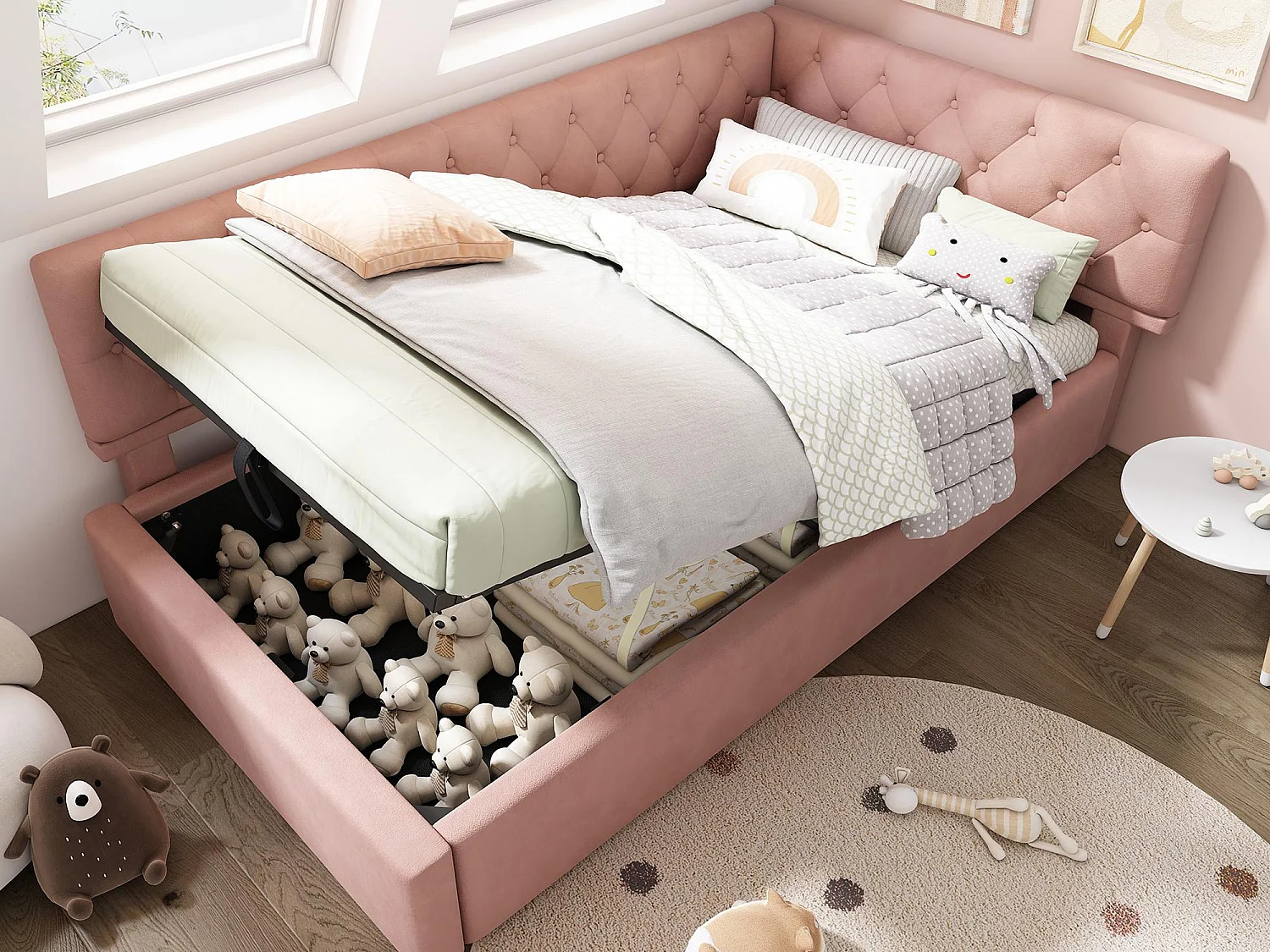 Sofa z łóżkiem 90×190 cm - z welurową tkaniną - ze stelażem listwowym - różowa (bez materaca) 4262171 - obrazek 1