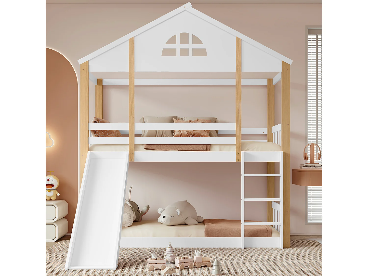 Łóżka piętrowe 2 x 90 x 200 cm ze zjeżdżalnią i drabinką – lite drewno i płyta MDF – białe 3351716