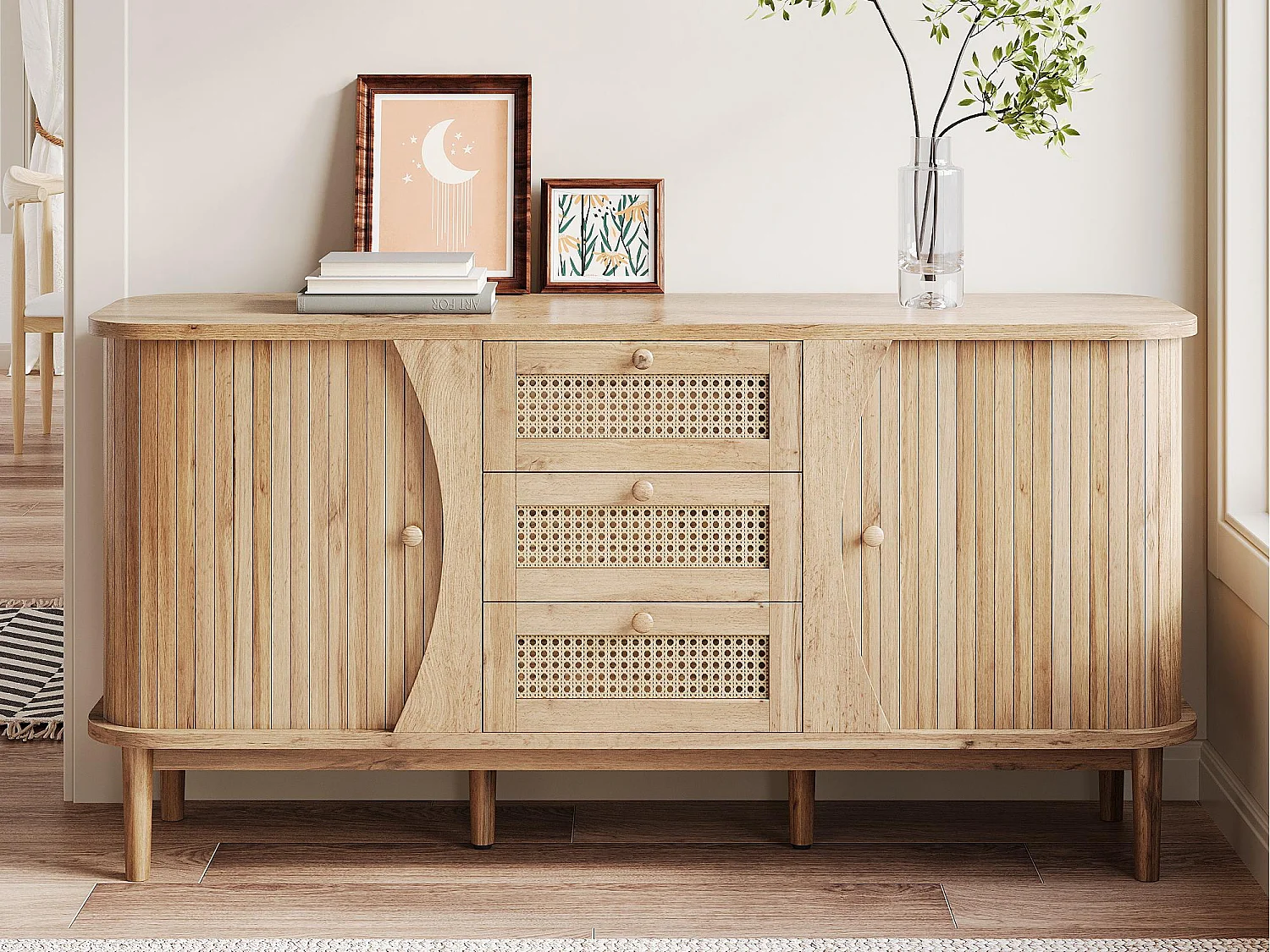 Buffet 140,5×40×76 cm - 3 szuflady z ratanu - 2 drzwi przesuwne - regulowane półki - naturalny 4268741 - obrazek 1
