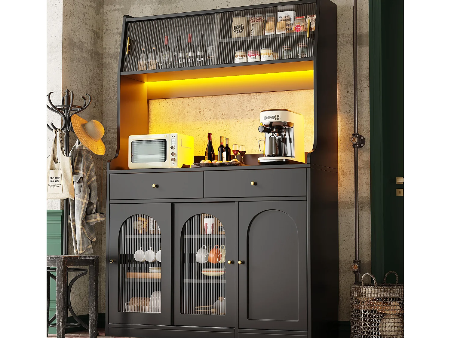 Buffet kuchenny 120×40×180 cm - z oświetleniem LED - 2 szuflady i 5 drzwi - regulowane półki - czarny 4285028 - obrazek 1