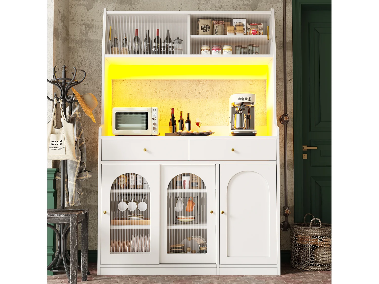 Buffet kuchenny 120×40×180 cm - z oświetleniem LED - 2 szuflady i 5 drzwi - regulowane półki - biały 4285030 - obrazek 1