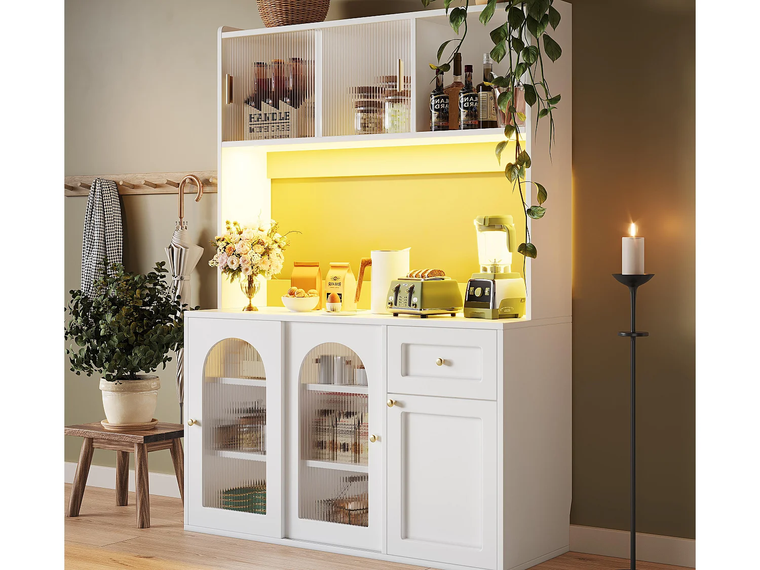 Buffet kuchenny 120×35×167 cm - z oświetleniem LED - 1 szuflada i 5 drzwi - regulowane półki - biały 4285029 - obrazek 1
