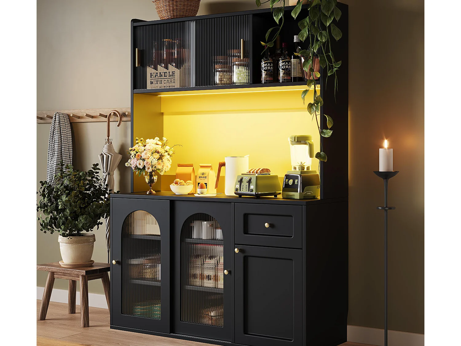 Buffet kuchenny 120×35×167 cm - z oświetleniem LED - 1 szuflada i 5 drzwi - regulowane półki - czarny 4285032 - obrazek 1