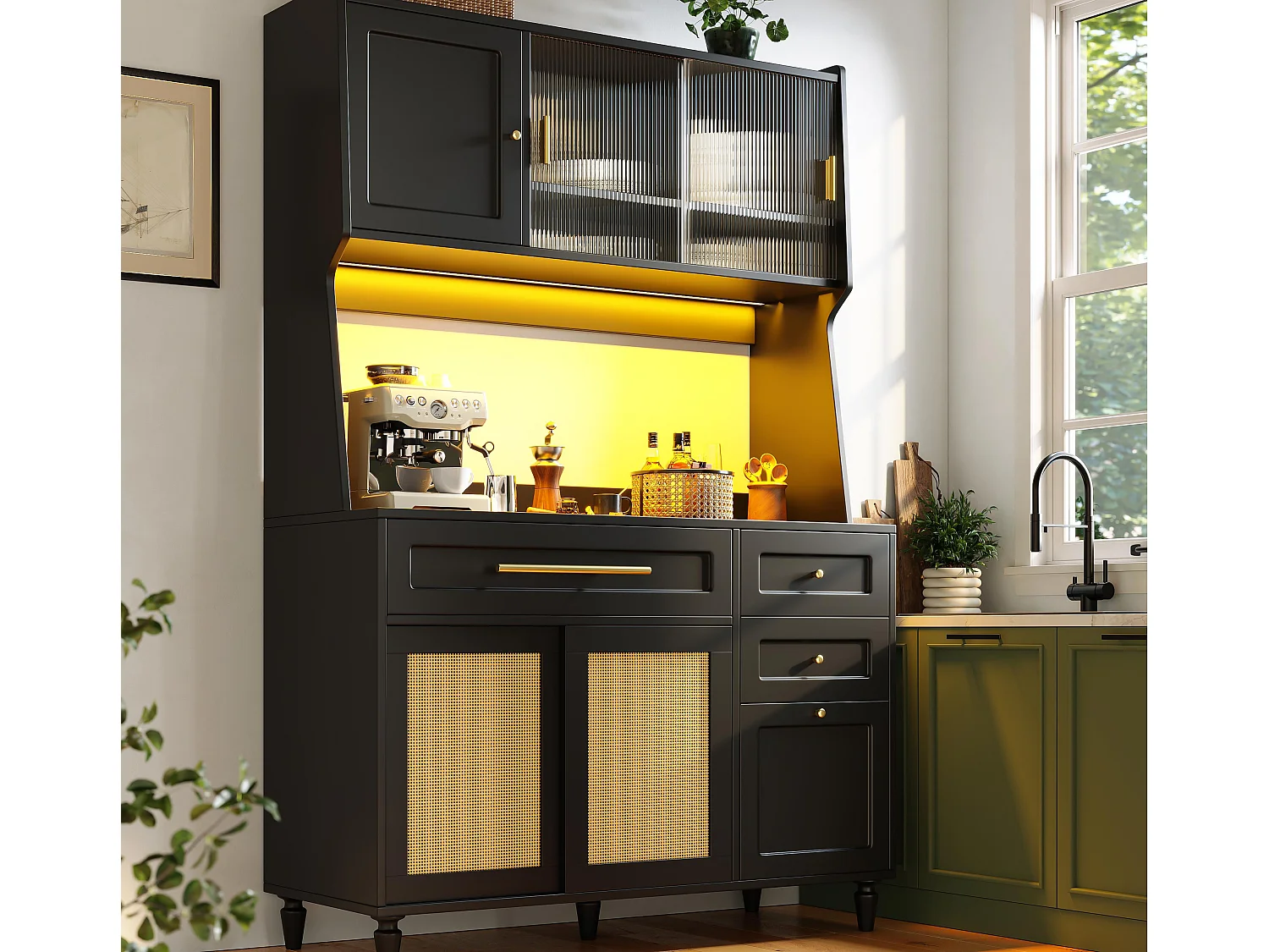 Buffet kuchenny 120×45×195,5 cm - z oświetleniem LED - 3 szuflady i 6 drzwi - regulowane półki - czarny 4286074 - obrazek 1