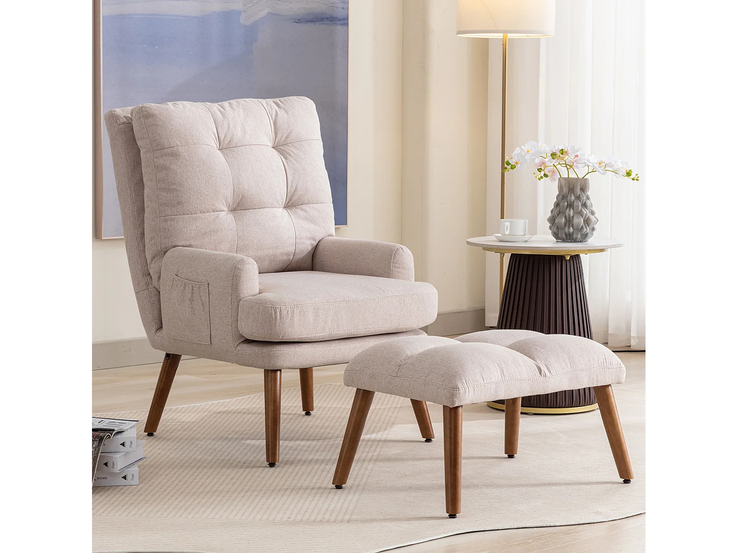 Leżanka z podnóżkiem – 60 x 67 x 96,5 cm – regulowane oparcie – rozkładana – lite drewno – beż 4293834