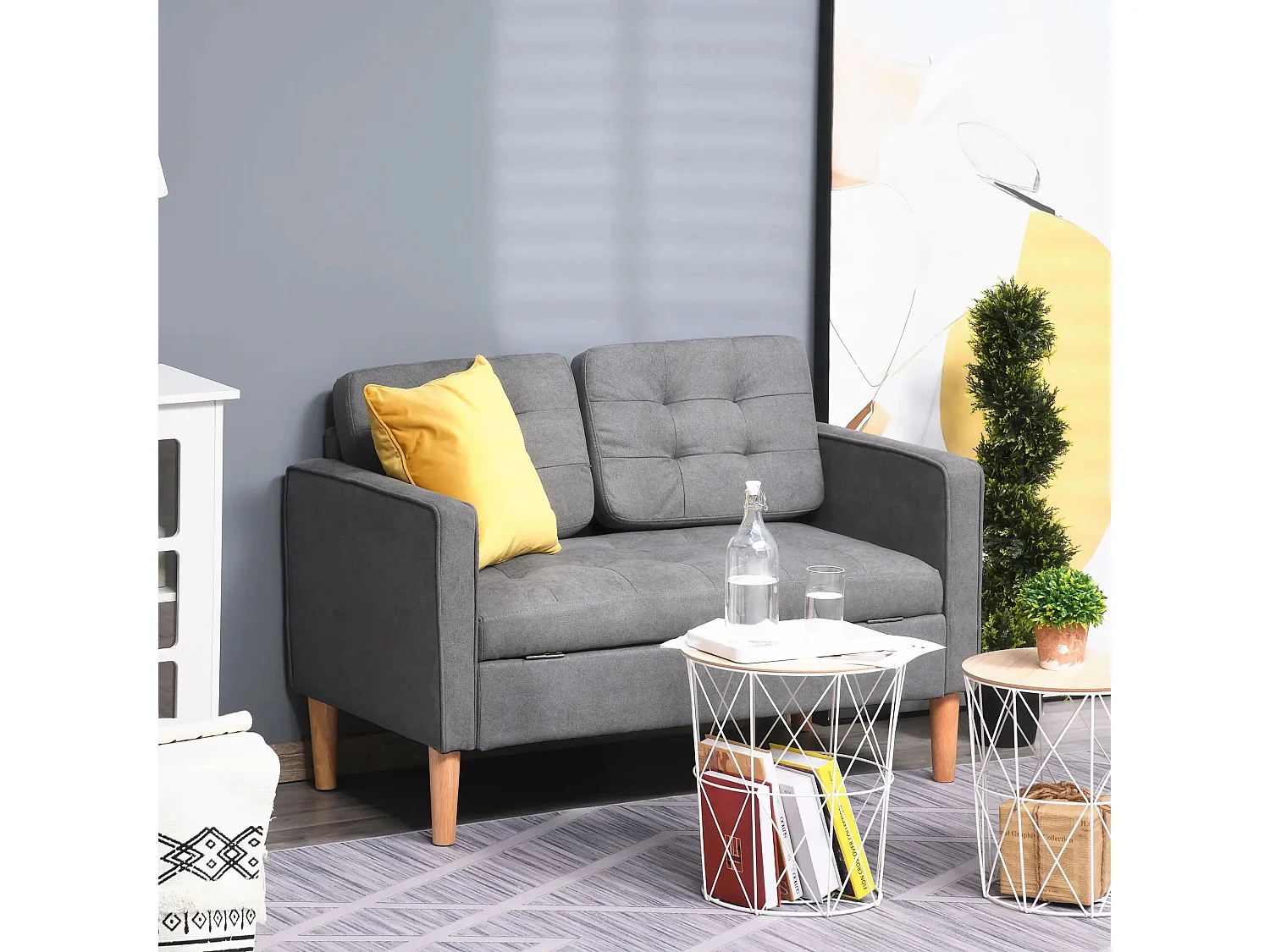 Ciemnoszara sofa 2-osobowa – Sofa ze schowkiem i poduszkami – do salonu i sypialni 4294992