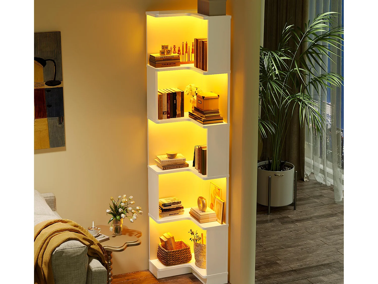 biblioteczka 63,5×45×175 cm – pasek LED ze zmianą kolorów – 5 poziomów przechowywania – design narożny – biały 4303033