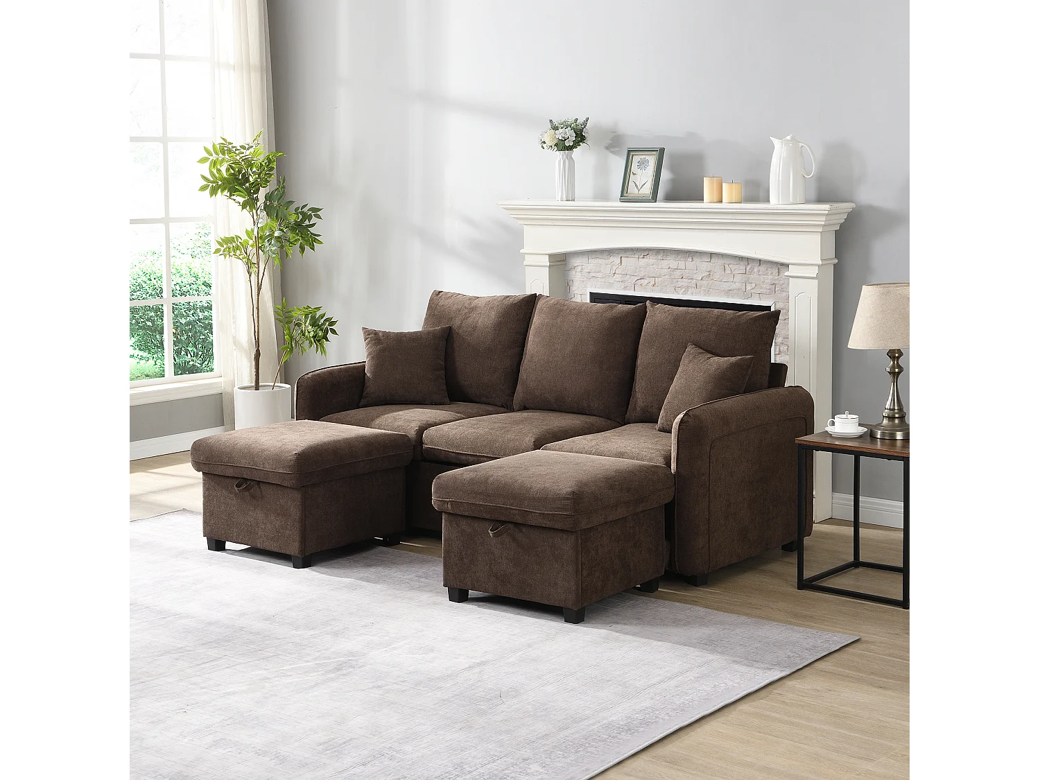 Brązowa sofa narożna – Sofa 3-osobowa z 2 szufladami i 2 pufami ze schowkiem – szenil 4304454