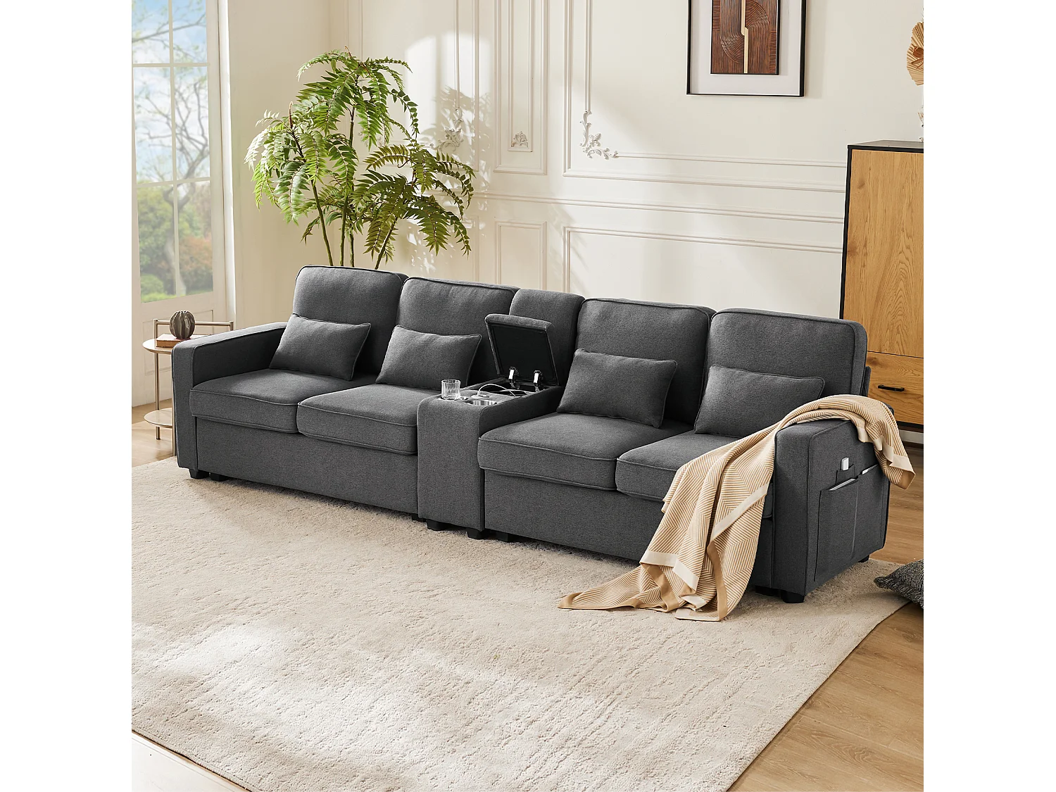 Ciemnoszara, lniana sofa 4-osobowa z portami USB, stolikiem konsolowym i uchwytami na kubki – z poduszkami i podłokietnikami, do salonu lub biura 4316538