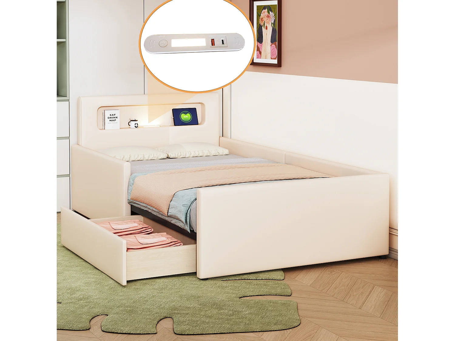 Łóżeczko dziecięce 90x200 cm z oświetleniem LED i portem USB, szufladą, krawędziami zabezpieczającymi, beżowa skóra ekologiczna, bez materaca 4316607 - obrazek 1