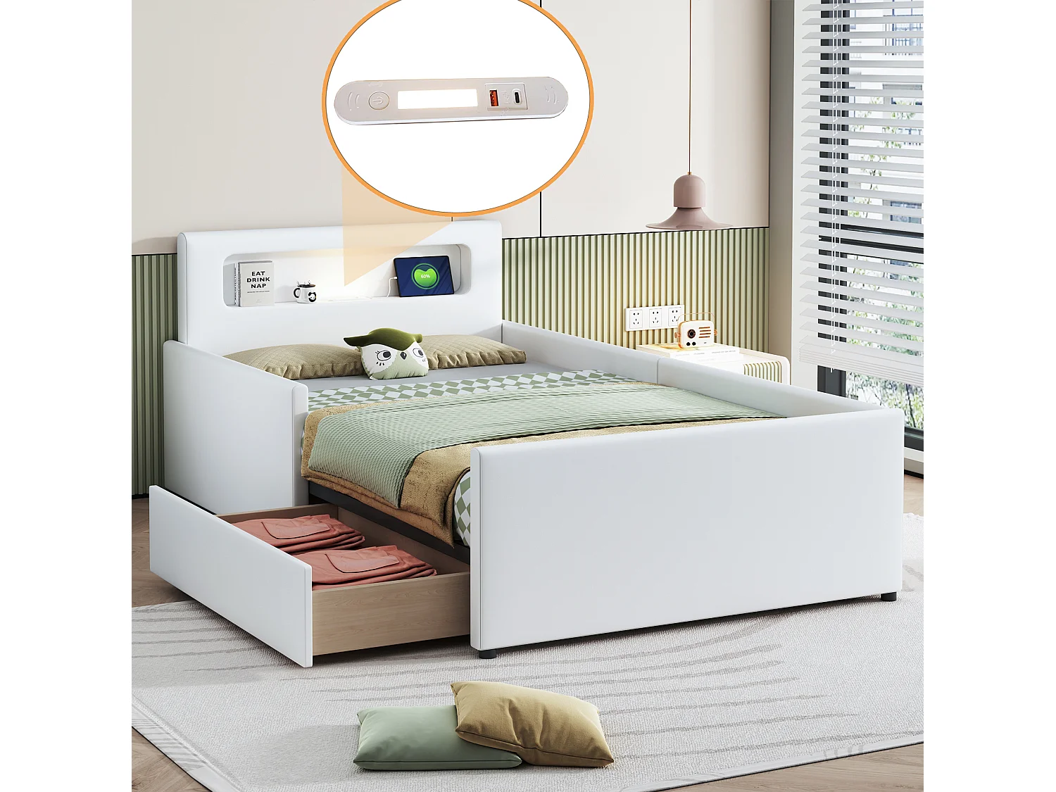 Łóżeczko dziecięce 90x200 cm z oświetleniem LED i portem USB, szufladą, krawędziami zabezpieczającymi, biała skóra ekologiczna, bez materaca 4316631 - obrazek 1