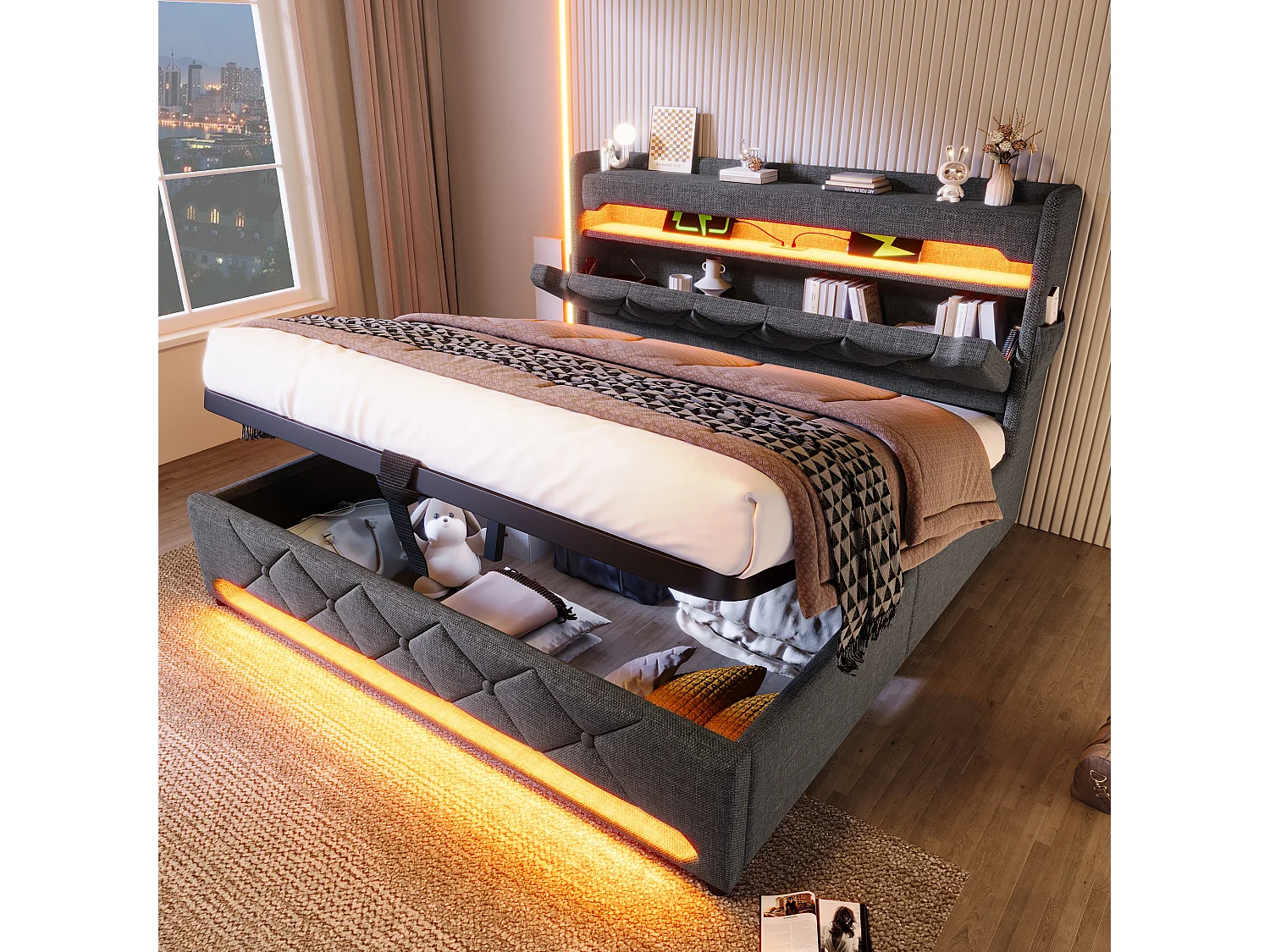 Łóżko 160x200 cm z pojemnikiem, łóżko podwójne z oświetleniem LED i USB/typu C, szary len, hydrauliczny schowek, bez materaca 4316657 - obrazek 1
