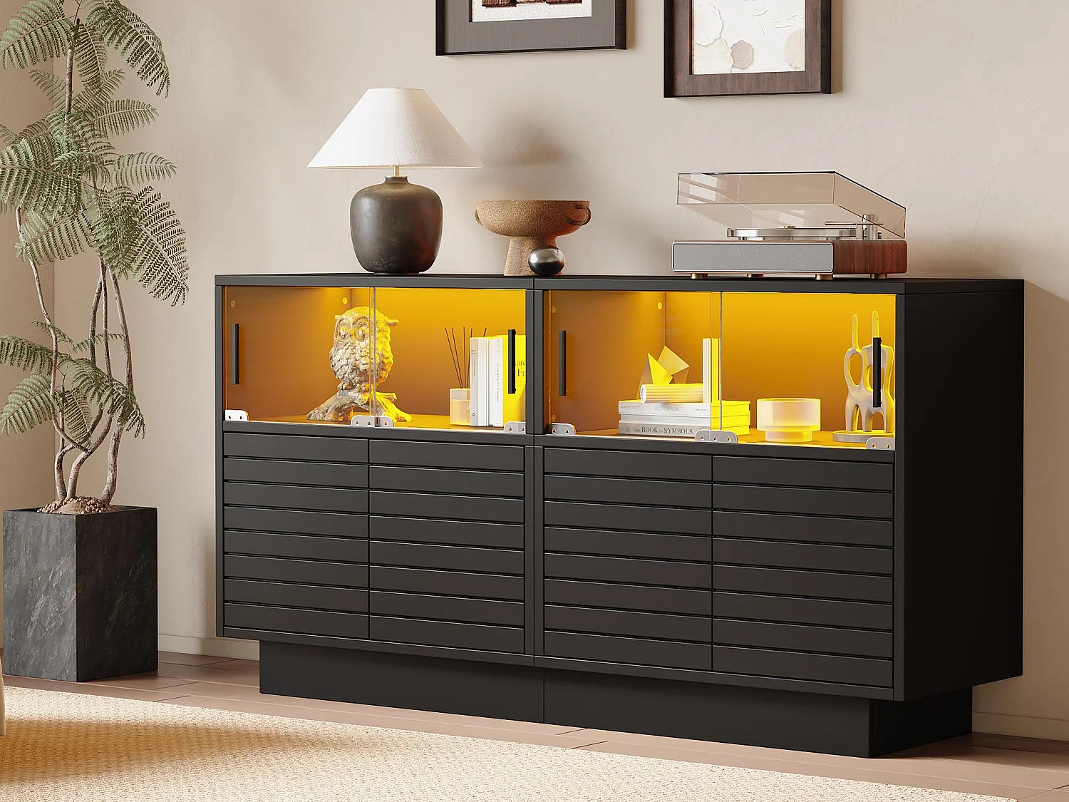 Buffet 130×35×68 cm - z 2 szafkami - 4 drzwi - z oświetleniem LED - czarny 4318471 - obrazek 1
