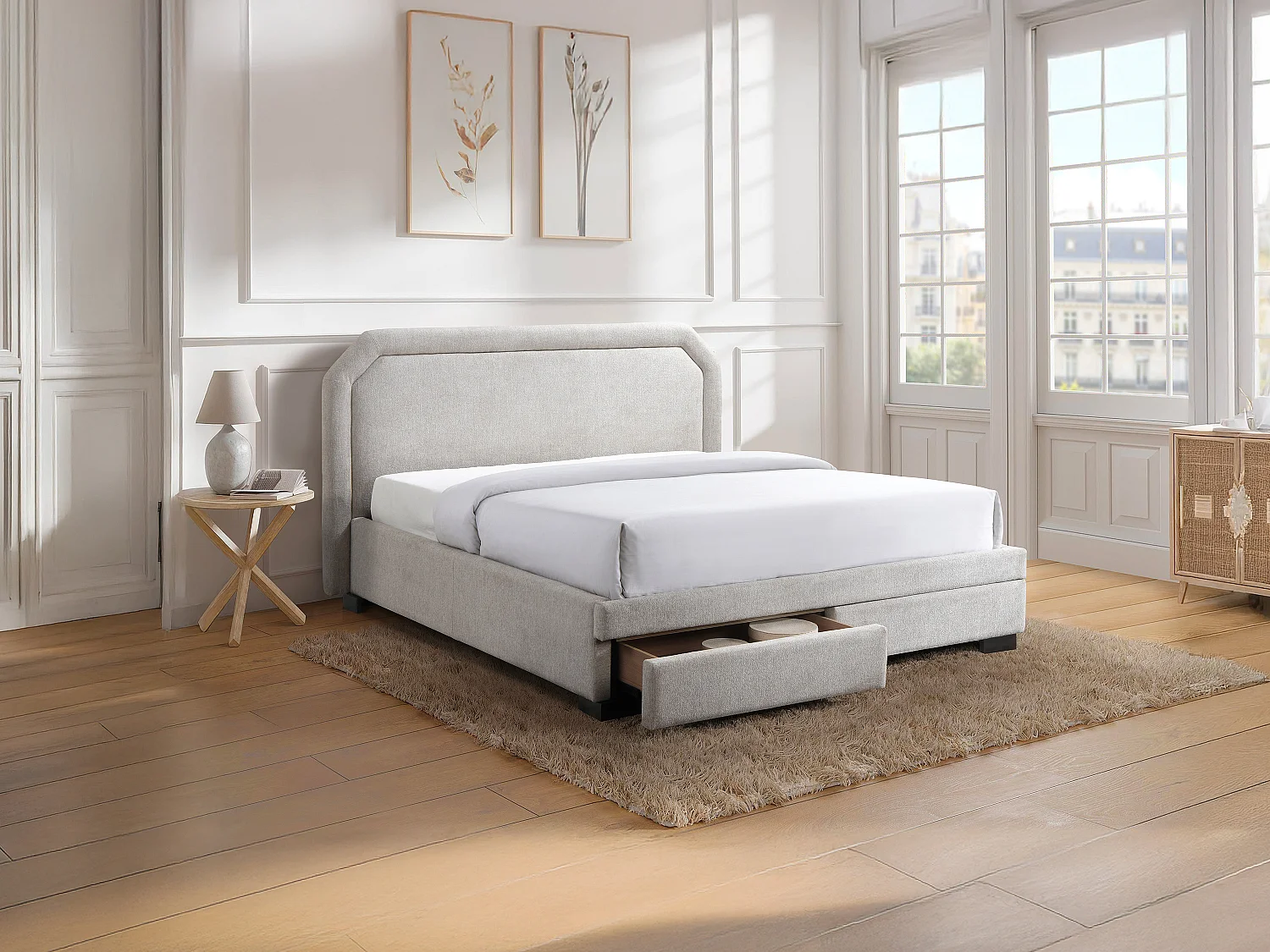 Łóżko z szufladami 160 x 200 cm – Tkanina – Beżowy + Materac – INASTO 4318999