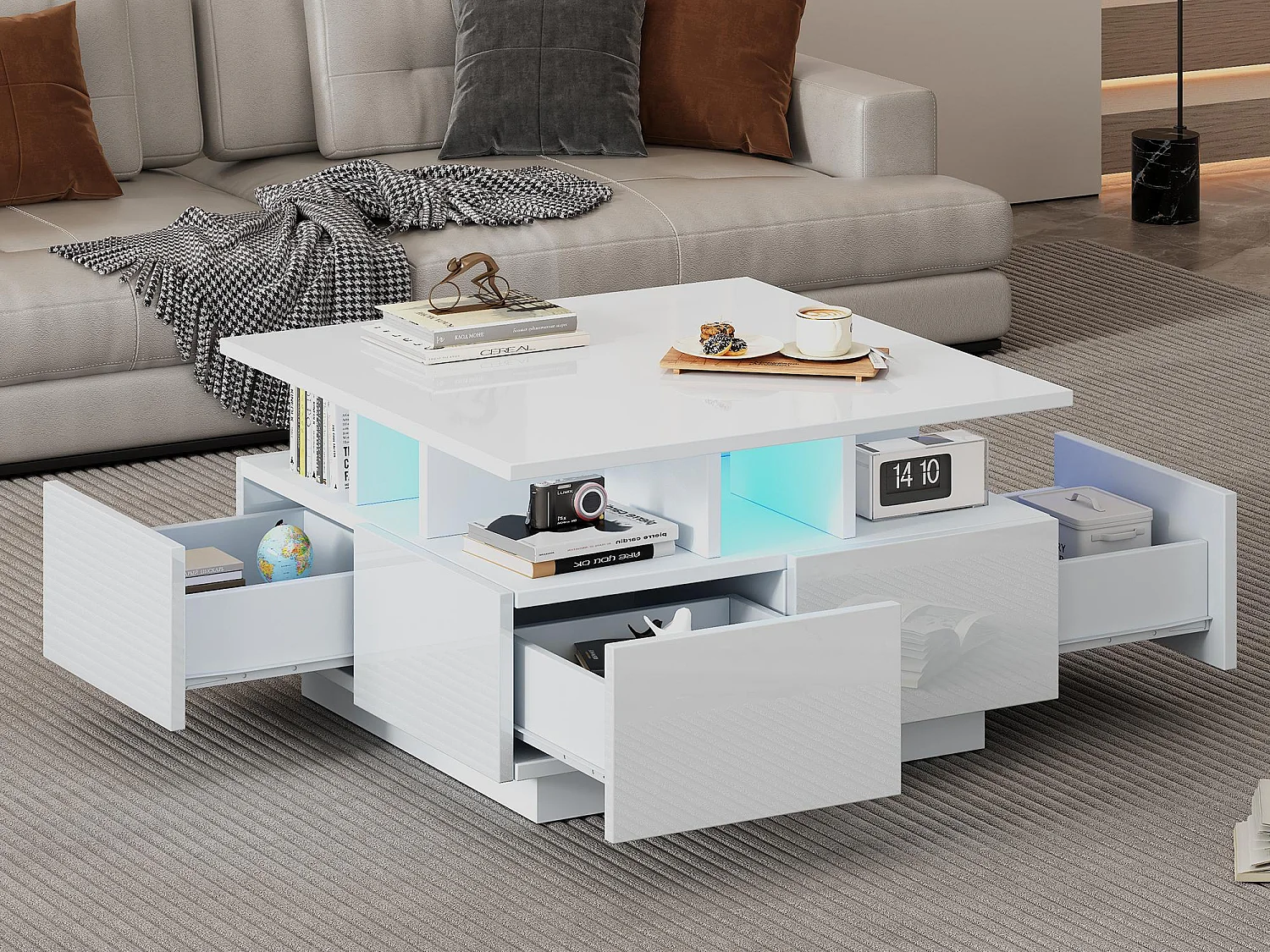 Błyszczący kwadratowy stolik kawowy 70×70×40 cm – z oświetleniem LED – 4 szuflady – biały 4321741