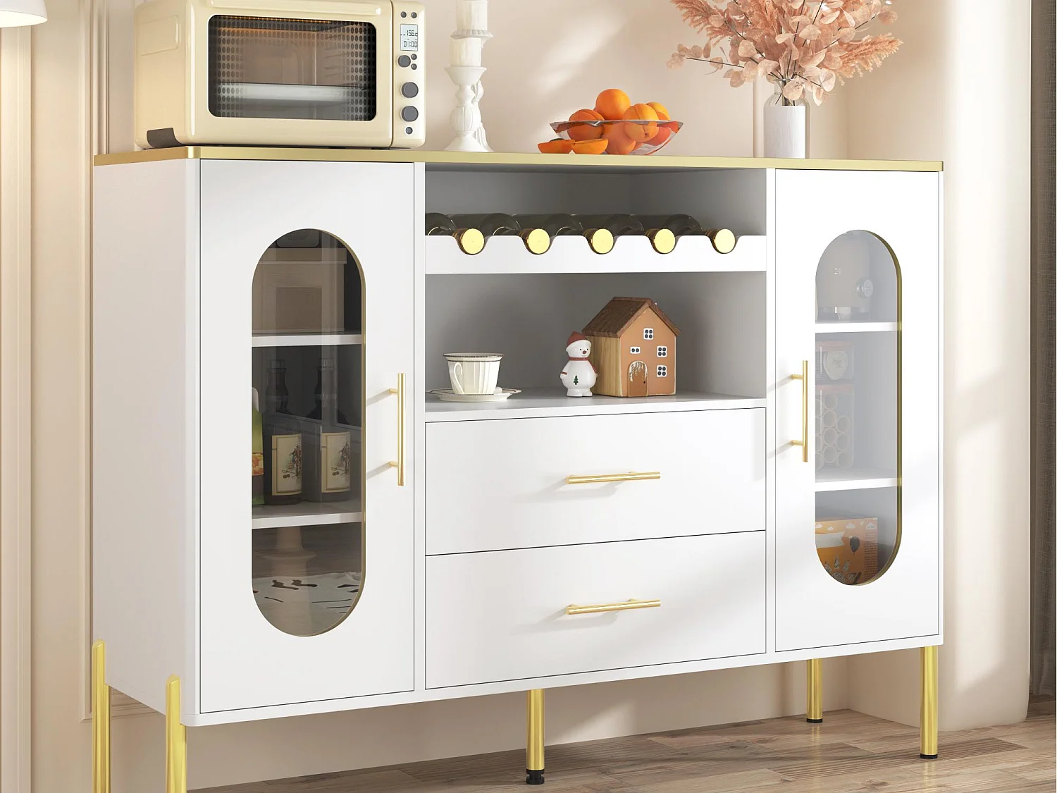 Buffet 120×38×90 cm - z 2 drzwiami i 2 szufladami - z półką na wino - MDF - biały 4321850 - obrazek 1