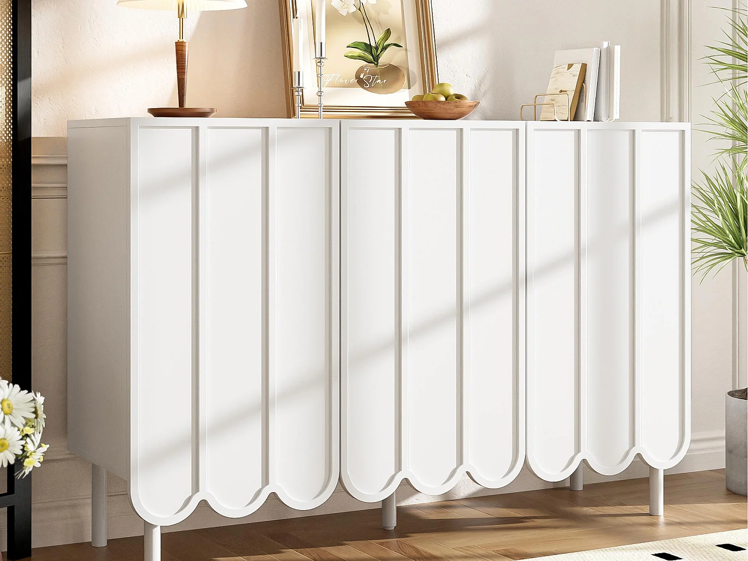 Buffet 120×35×80 cm - z 3 falowanymi drzwiami - bez uchwytów - regulowane półki - biały 4321927 - obrazek 1