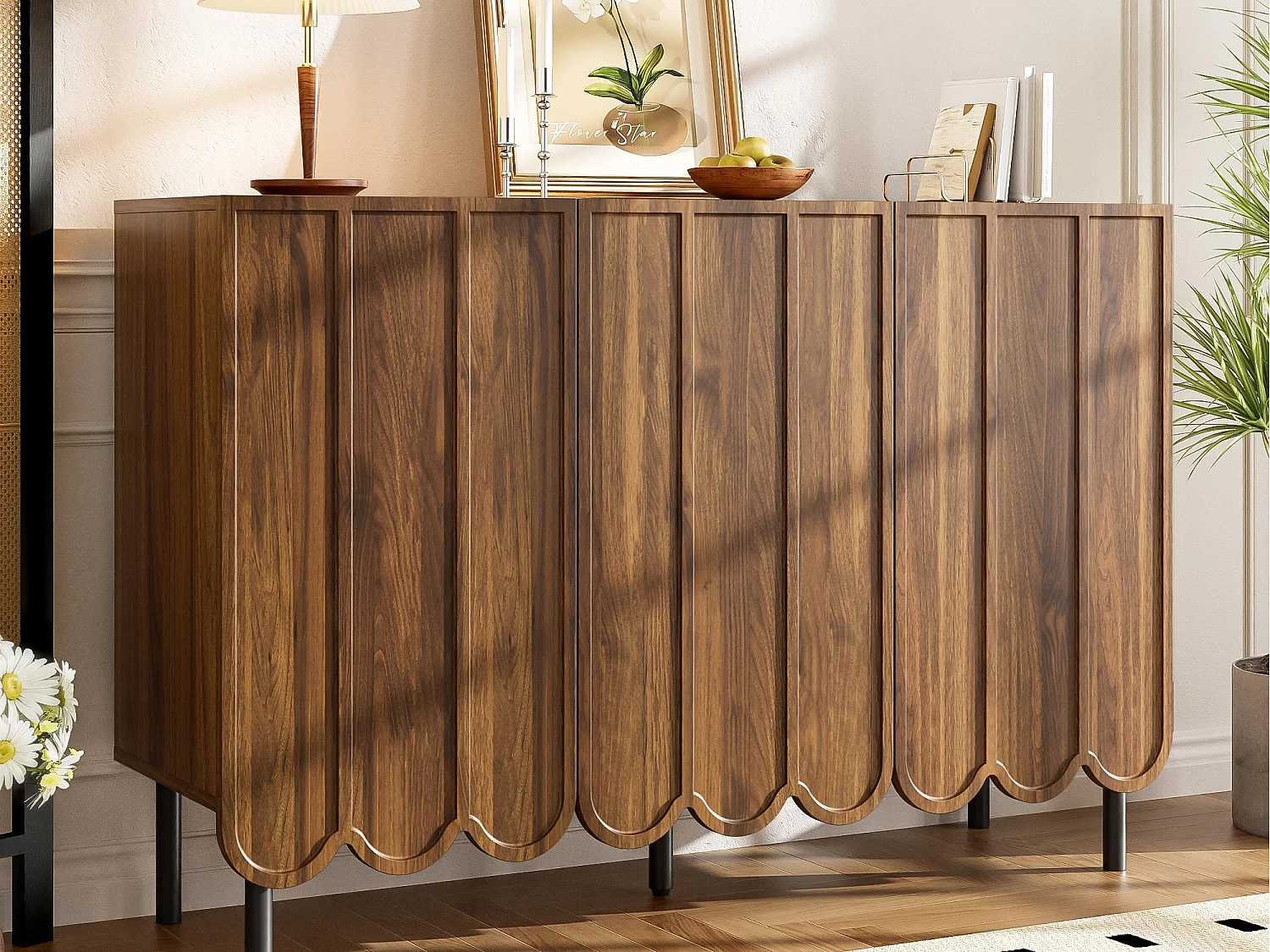 Buffet 120×35×80 cm - z 3 falowanymi drzwiami - bez uchwytów - regulowane półki - brązowy 4321962 - obrazek 1