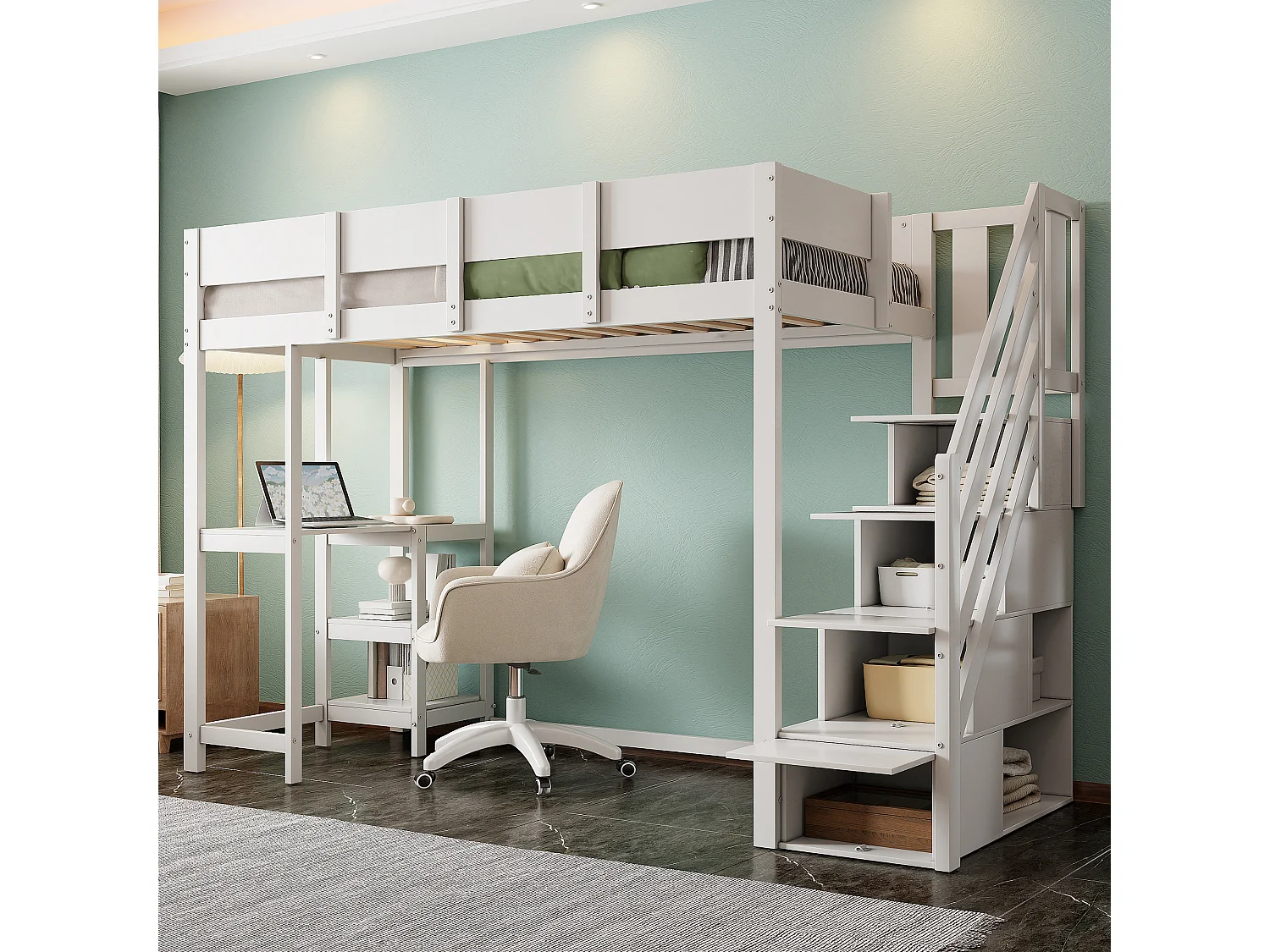 Łóżko antresola z półką - 90 x 200 cm - z biurkiem + schowkiem w schodach - drewno + płyta MDF - białe 4322246 - obrazek 1
