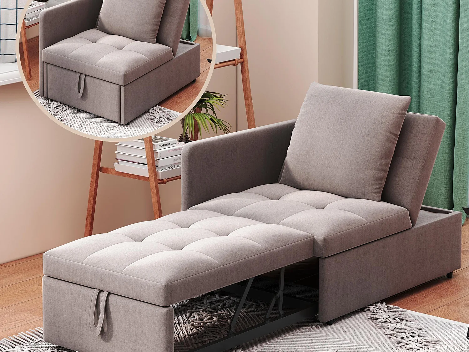 Wygodne sofa z funkcją spania 177x68x65 cm - Wielofunkcyjna sofa 3 w 1 - Len - Regulowane oparcie - Szary 4066941 - obrazek 1