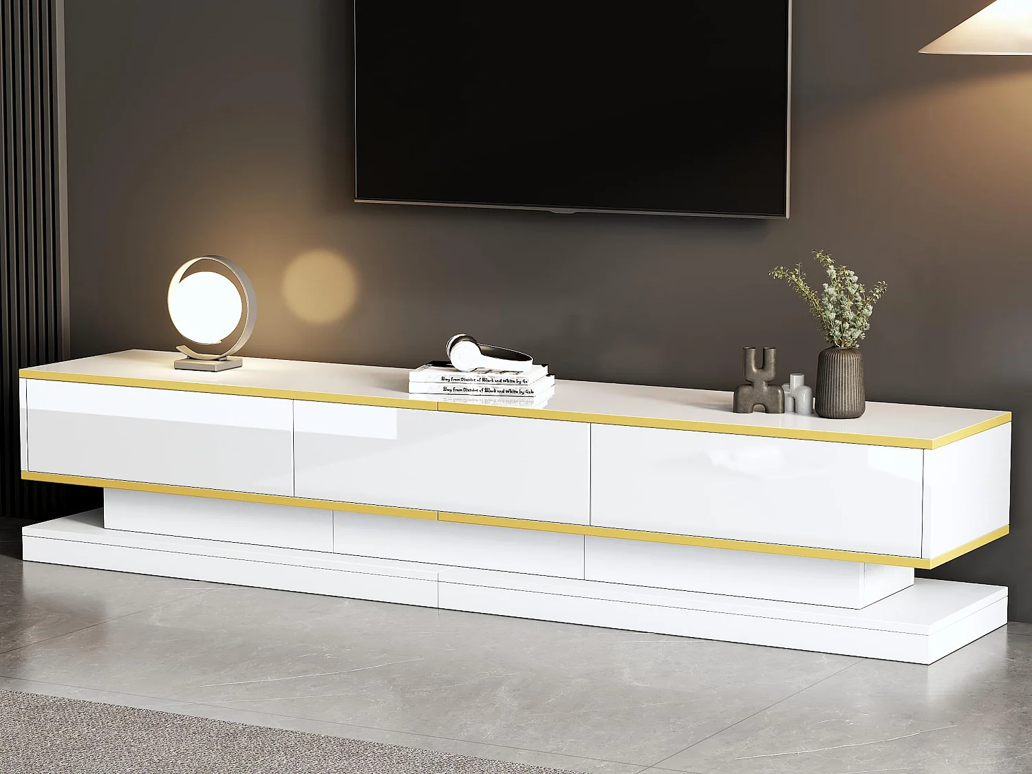 Błyszcząca szafa pod TV 200×40×40 cm – 3 szuflady – Płyta wiórowa – Biała 4341765