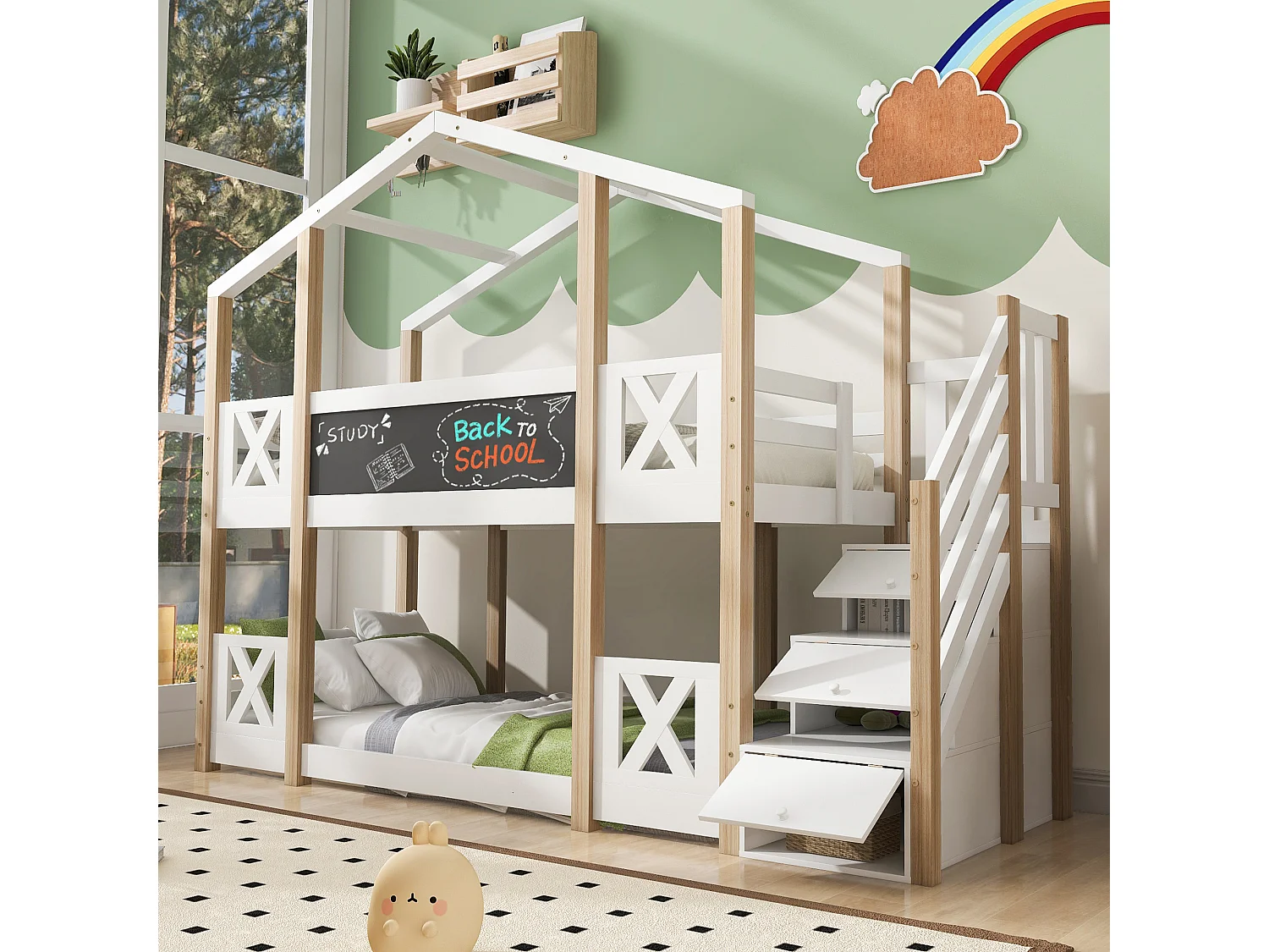 Łóżka piętrowe dla dzieci – 2 x 90 x 200 cm – domek na drzewie – schowek w schodach – białe 4344589