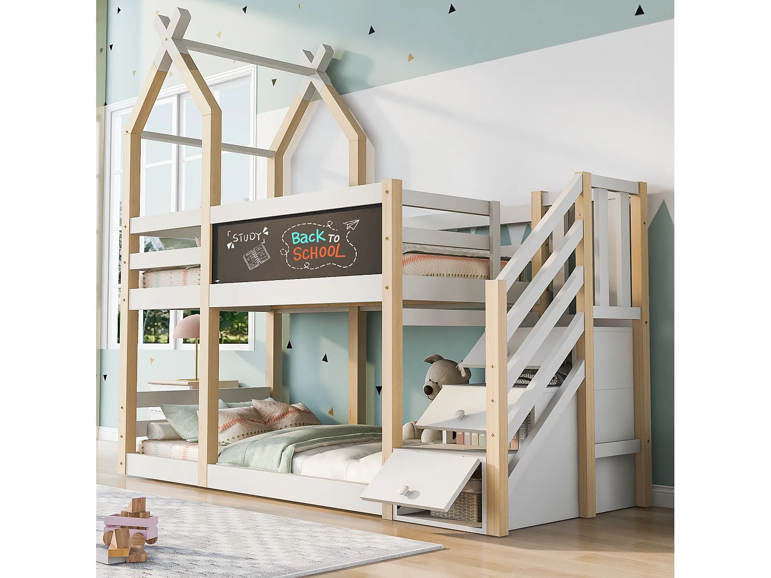 Łóżka piętrowe dla dzieci – 2 x 90 x 200 cm – domek na drzewie – schowek w schodach – białe 4344609