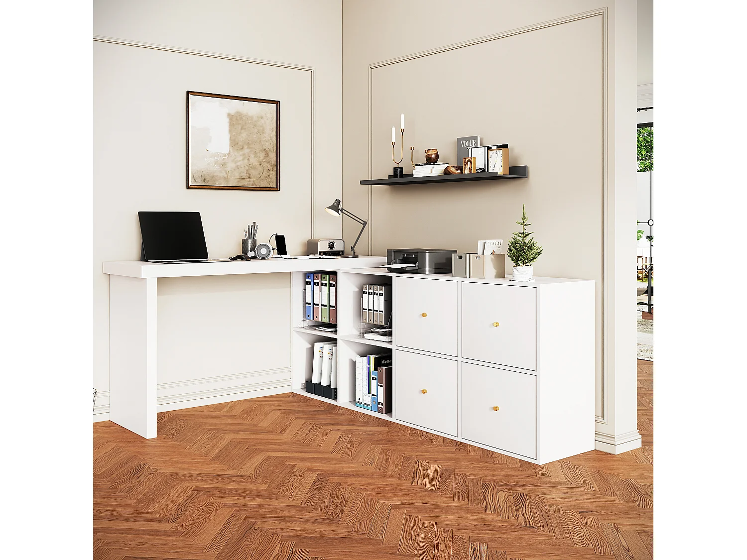 Biurko obrotowe 360° – 140 x 120 x 78 cm – w kształcie litery L lub stojące – z 4 szufladami – MDF – białe 4344669