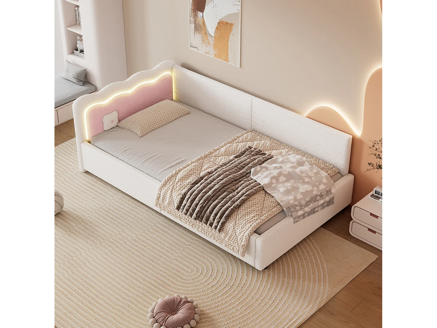 Leżanka 90×200 cm, łóżko dziecięce z regulowanym oświetleniem LED, biały plusz, bez materaca 4351887