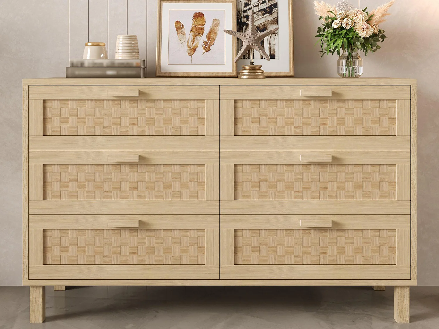 Buffet 120×40×75 cm - z 6 szufladami - wykończenie rattanowe - płyta wiórowa - naturalny 4362250 - obrazek 1