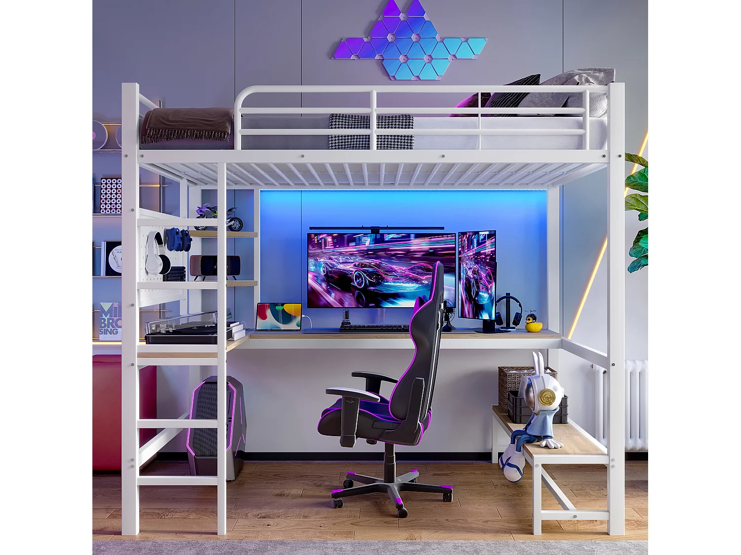 Łóżko antresolowe 90 x 200 cm, łóżko dla dorosłych z biurkiem, portem USB i diodą LED, białe – bez materaca 4366900 - obrazek 1
