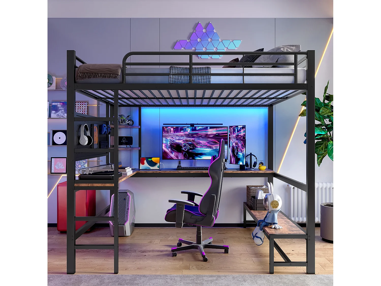 Łóżko antresolowe 140 x 200 cm, łóżko dla dorosłych z biurkiem, portem USB i diodą LED, czarne – bez materaca 4366897 - obrazek 1