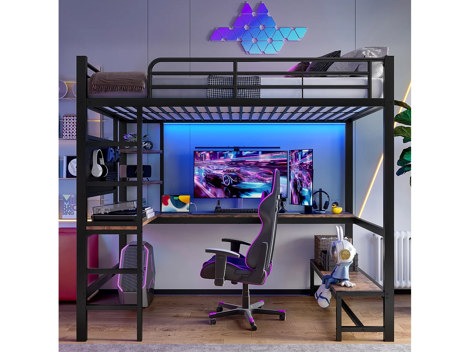 Łóżko antresolowe 90 x 200 cm, łóżko dla dorosłych z biurkiem, portem USB i diodą LED, czarne – bez materaca 4366901 - obrazek 1