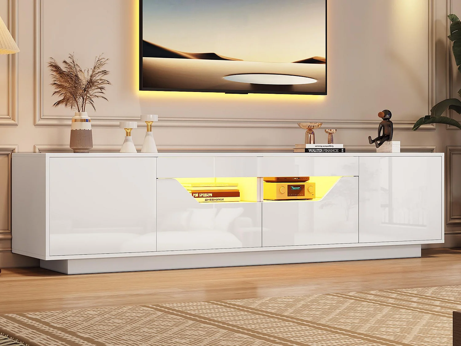 Błyszcząca szafa pod TV 180×40×45 cm – z oświetleniem LED – 2 szuflady i 2 drzwi – Kompatybilna z telewizorami 75 cali – biała 4368062