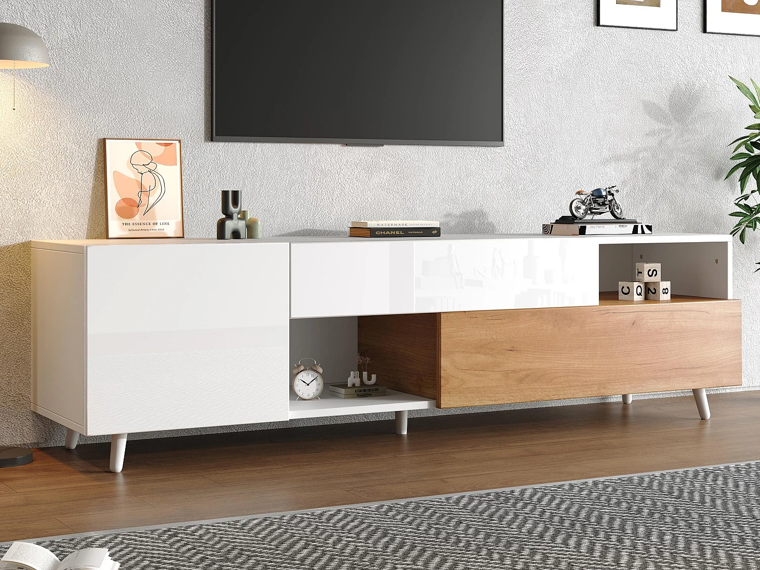 Błyszcząca szafa pod TV 180×38×50 cm – 2 drzwi i 1 szuflada – Kompatybilna z telewizorami 75 cali – biały i naturalny 4368066