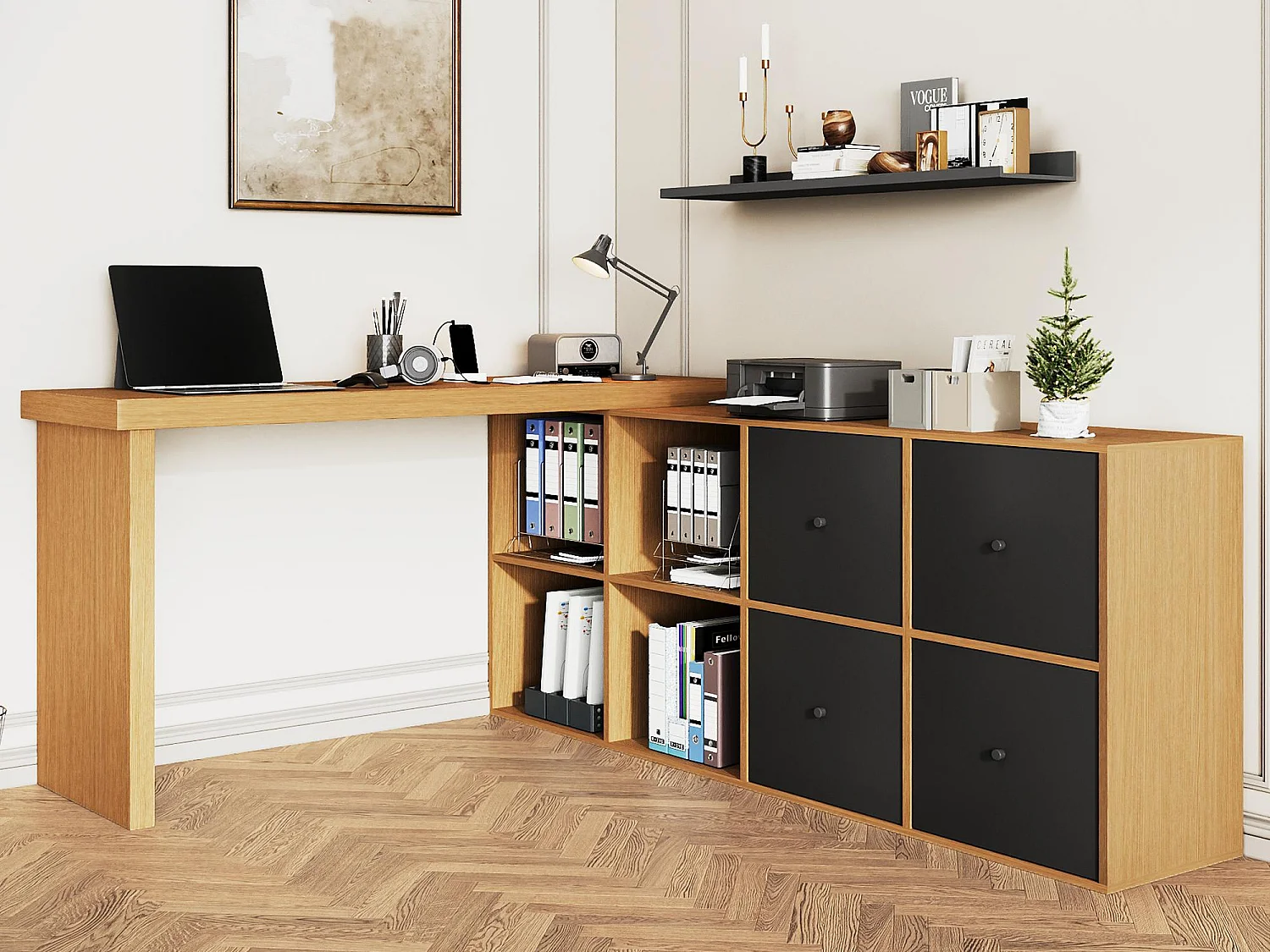Biurko obrotowe 360° 260×48×78 cm – z 4 przegródkami – 4 szufladami – MDF – naturalny + czarny 4377399