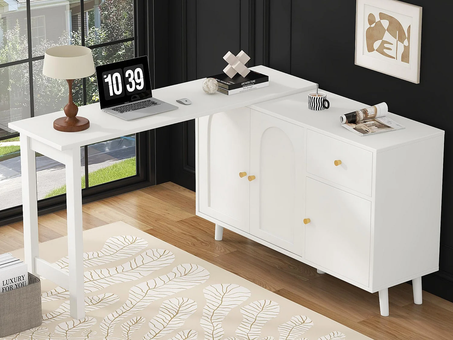 Biurko 2 w 1 120×40×74,5 cm – Obrotowe 360° – 3 drzwi i 1 szuflada – Certyfikat FSC – białe 4377400