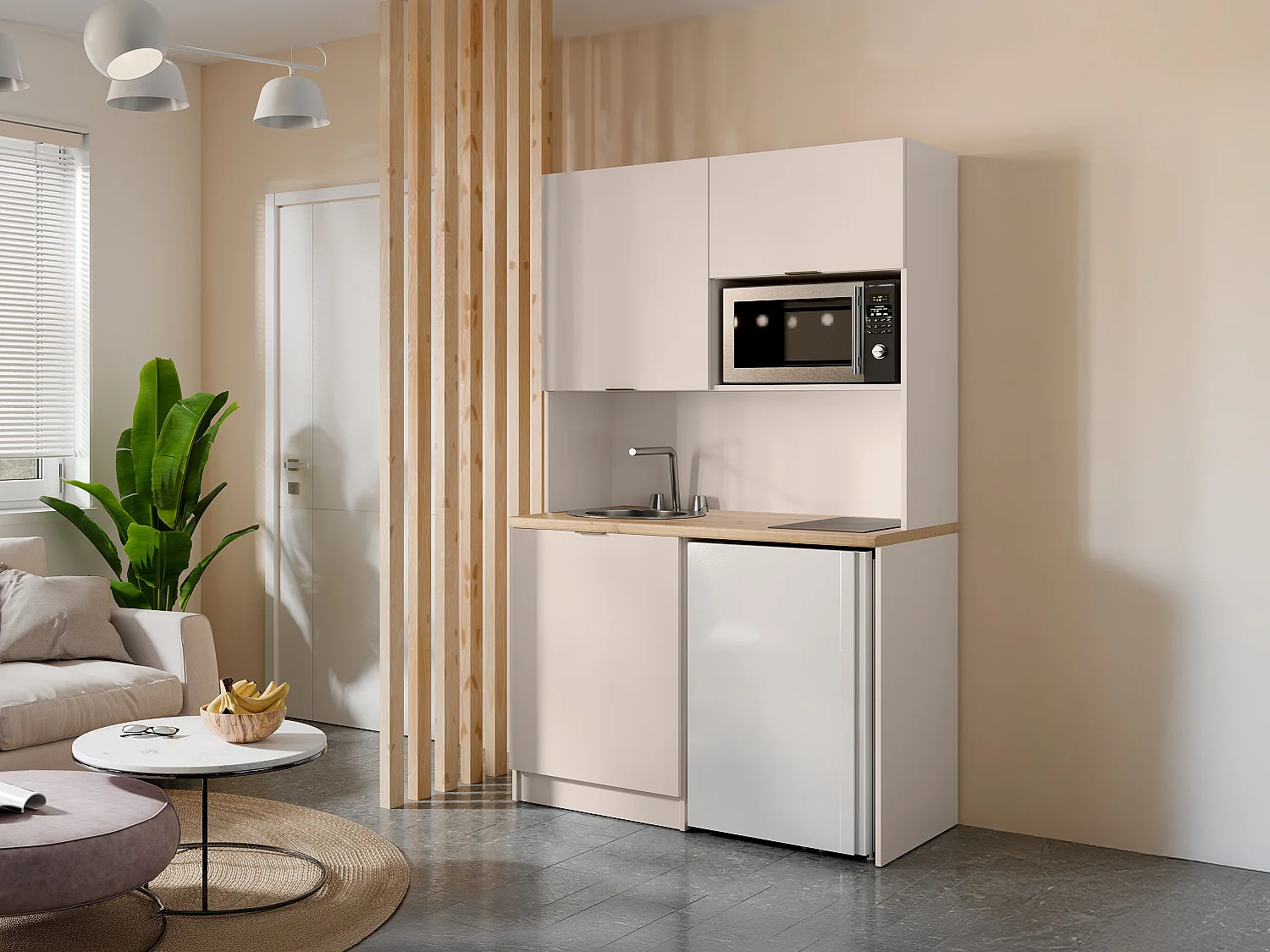 Mebel wielofunkcyjny z aneksem kuchennym i pralnią – Z blatem roboczym 120 cm – Beżowy i naturalny – CARMEO 4349755
