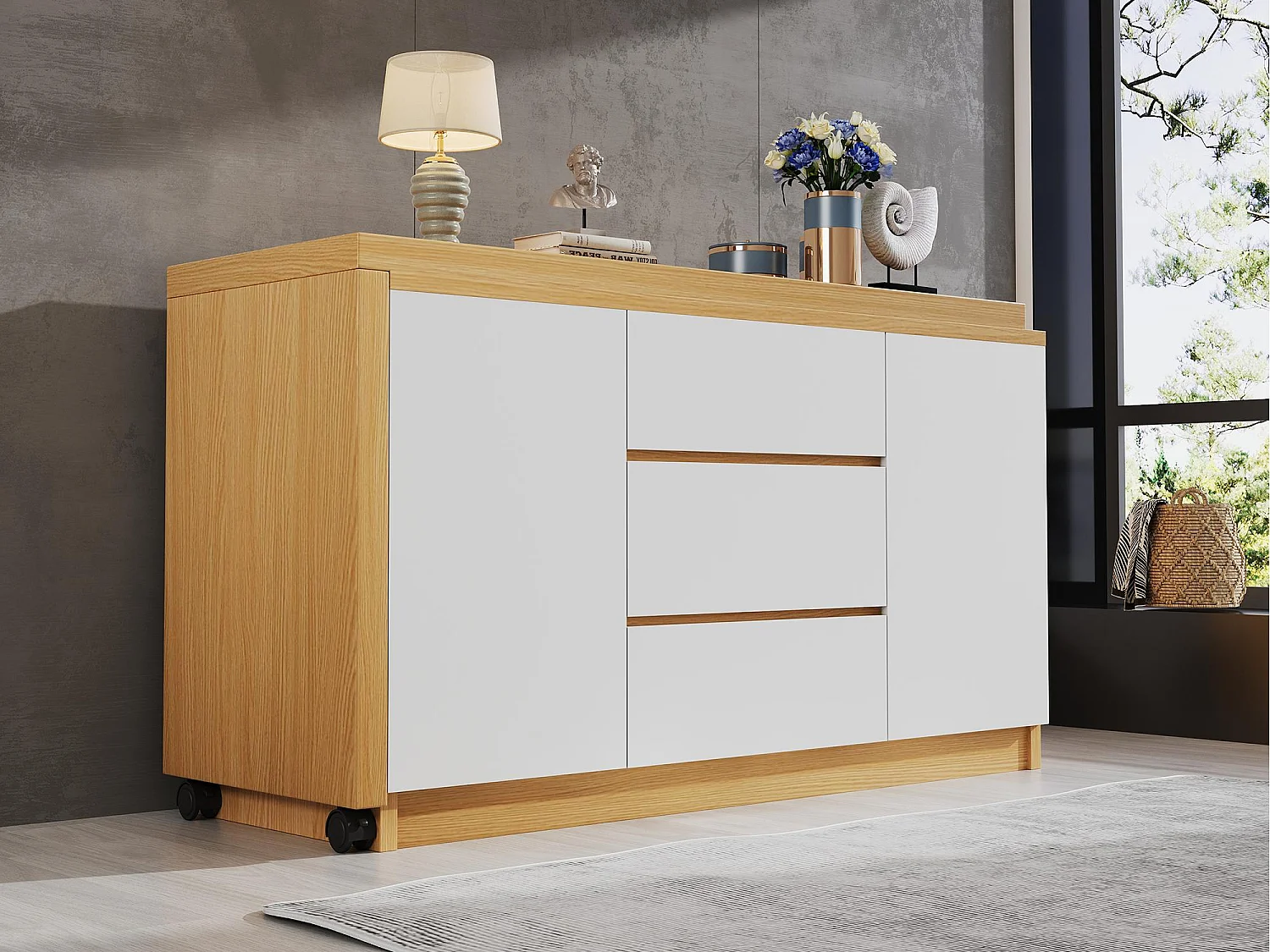 Biurko narożne 120×50×76,5 cm - Obrotowy blat 360° - 3 szuflady i 2 drzwi - Z blokowanymi kółkami - Naturalny + Biały 4385399 - obrazek 1