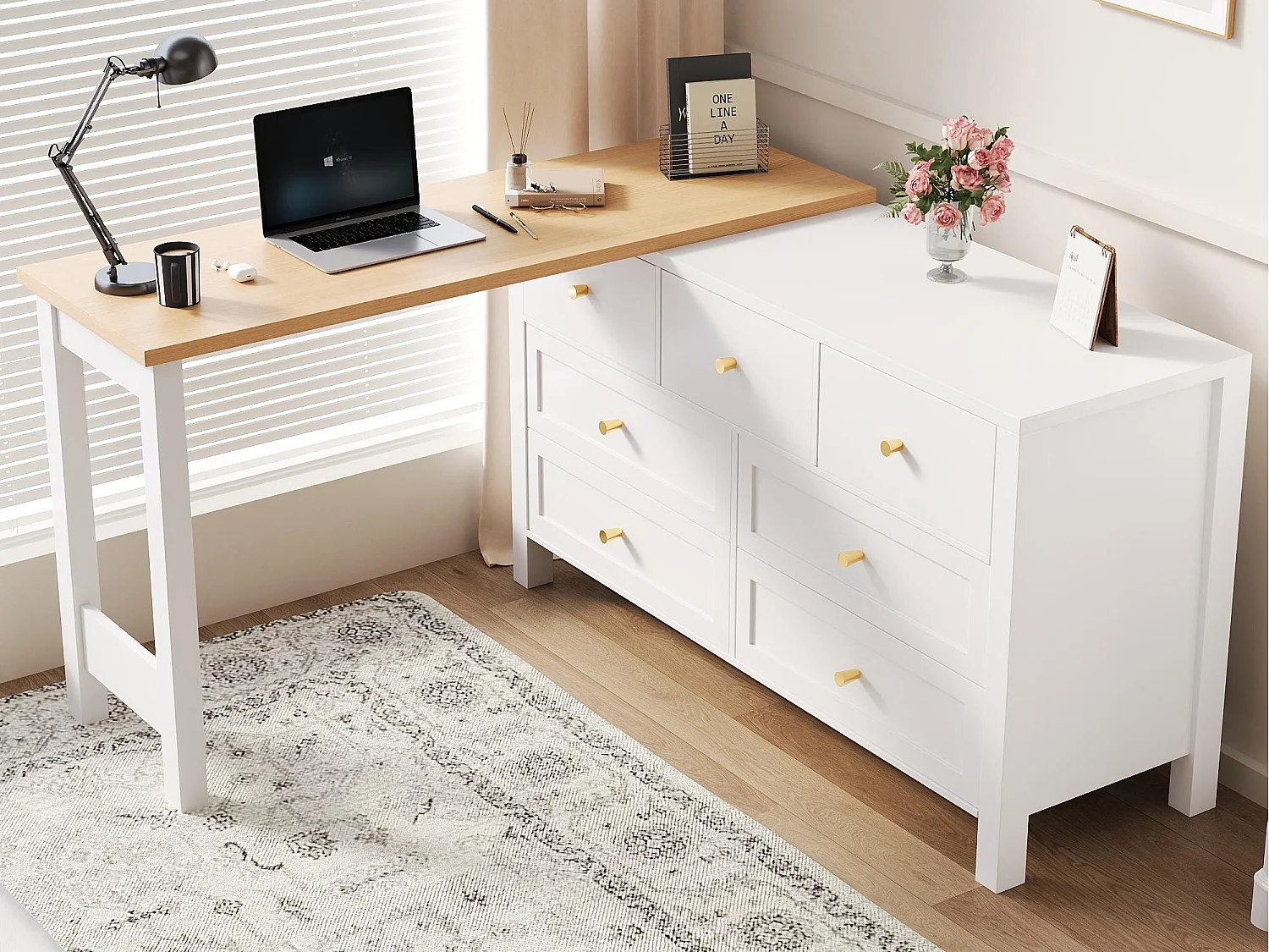 Biurko narożne 120×40×70 cm - z 7 szufladami - design 2 w 1 - obrotowy blat 360° - certyfikat FSC - biały + naturalny 4385401 - obrazek 1