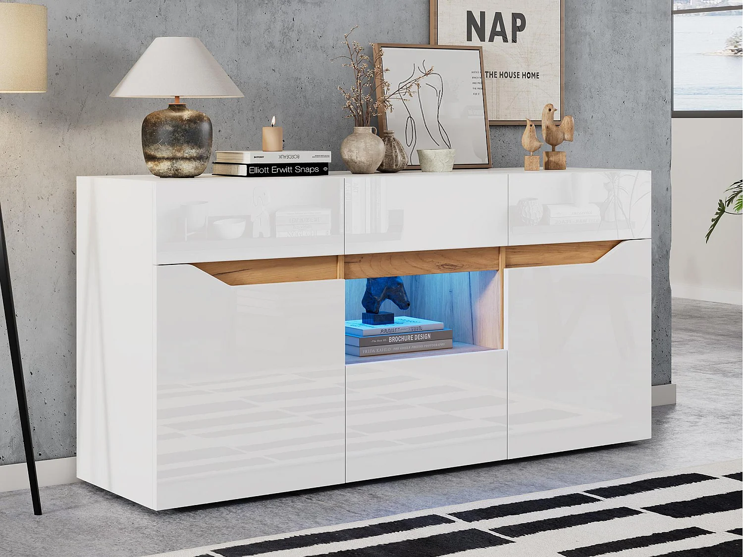 Błyszczący bufet 140×40×70 cm - 4 szuflady i 2 drzwi - z oświetleniem LED - biały + naturalny 4385402 - obrazek 1