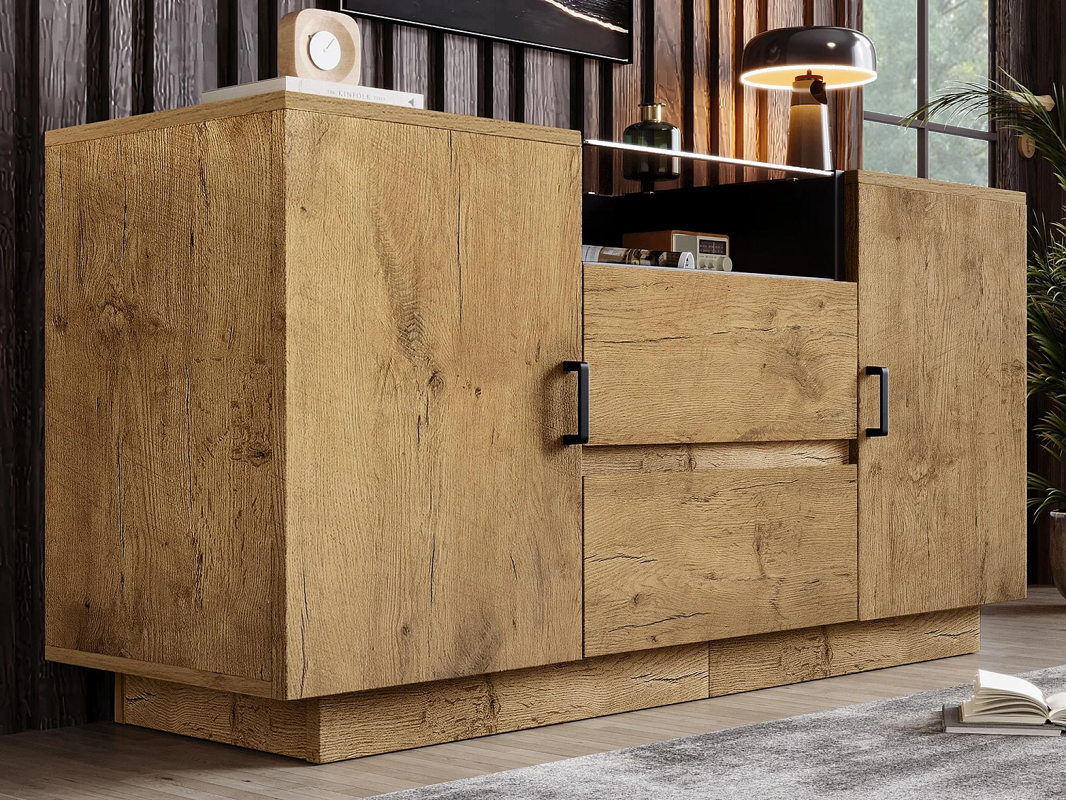 Bufet w stylu dębowym 140×40×70 cm – z 2 drzwiami i 2 szufladami – otwarte przegródki – naturalny 4385403